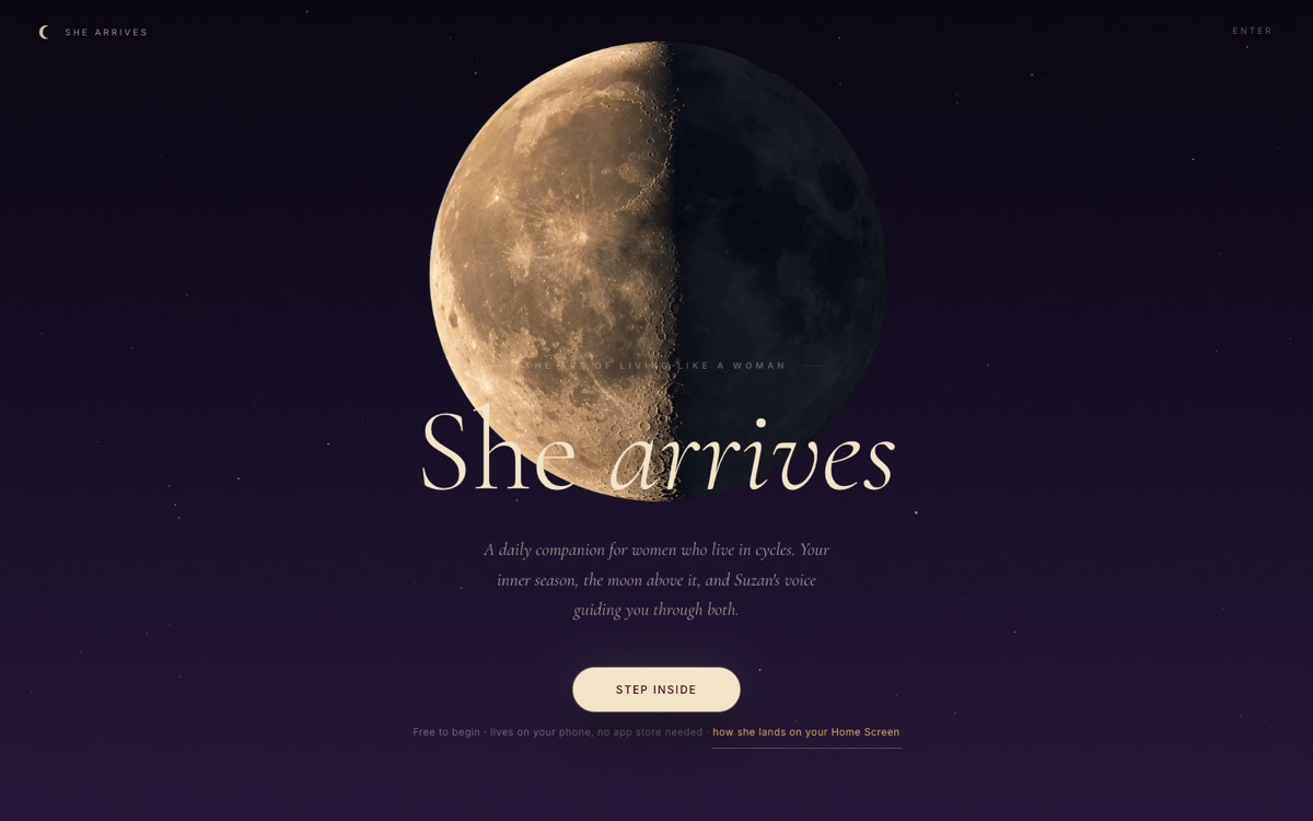 She Arrives, a daily companion for women who live in cycles, moonlit landing page