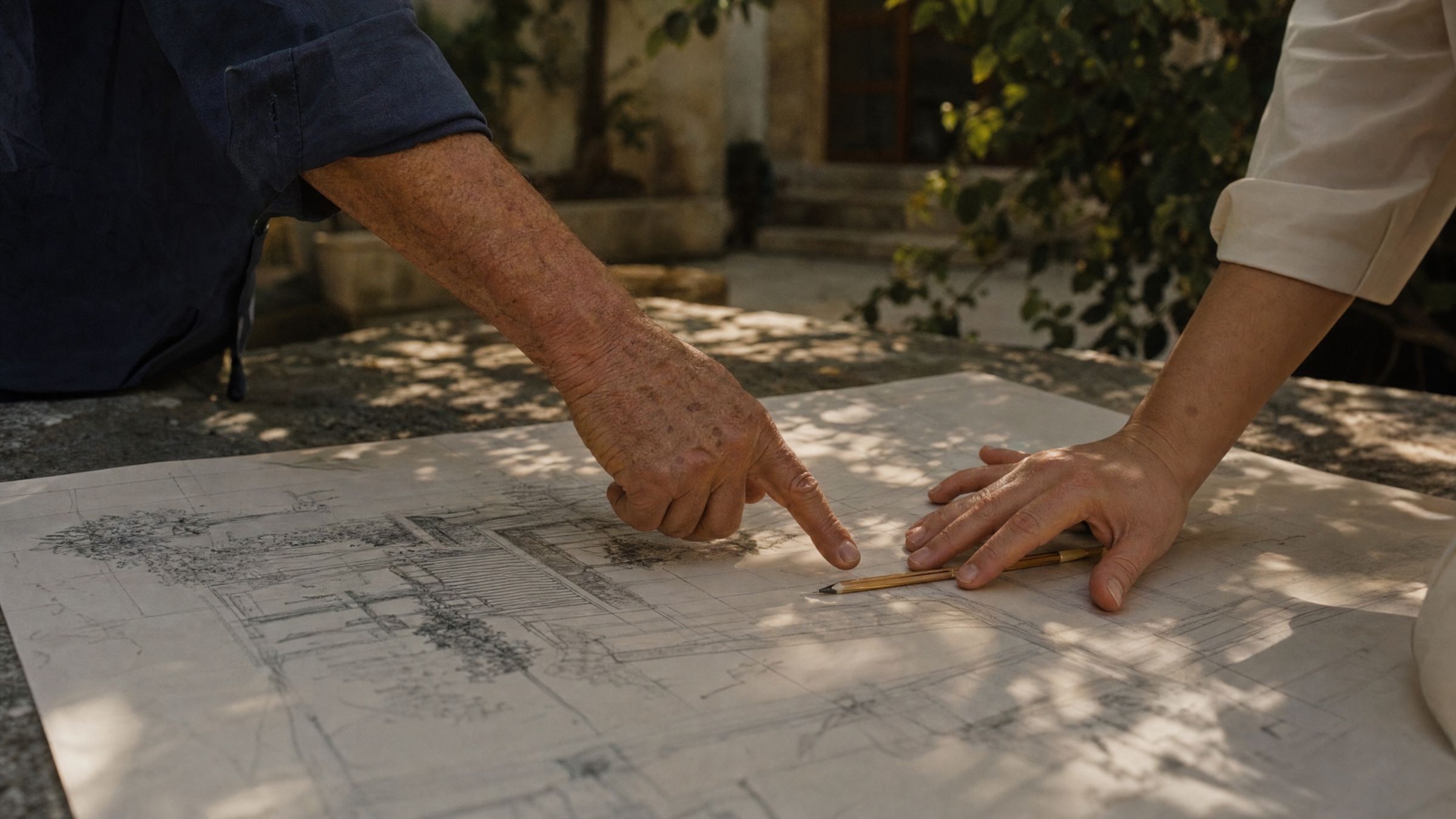 Two hands, one older and one younger, resting on a hand-drawn plan on a stone table