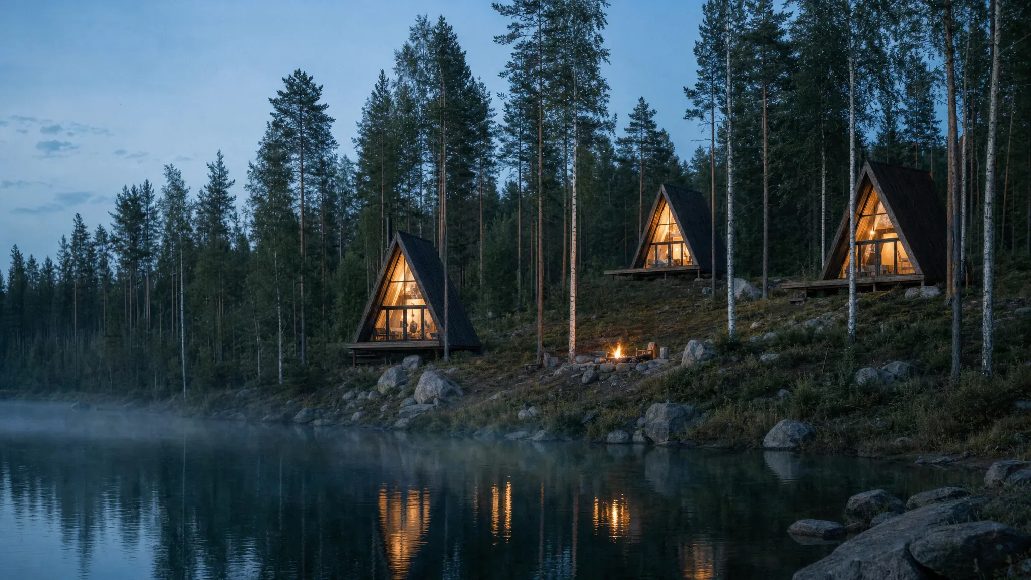 Wooden A-frame cabins among pines above a still forest lake at blue hour
