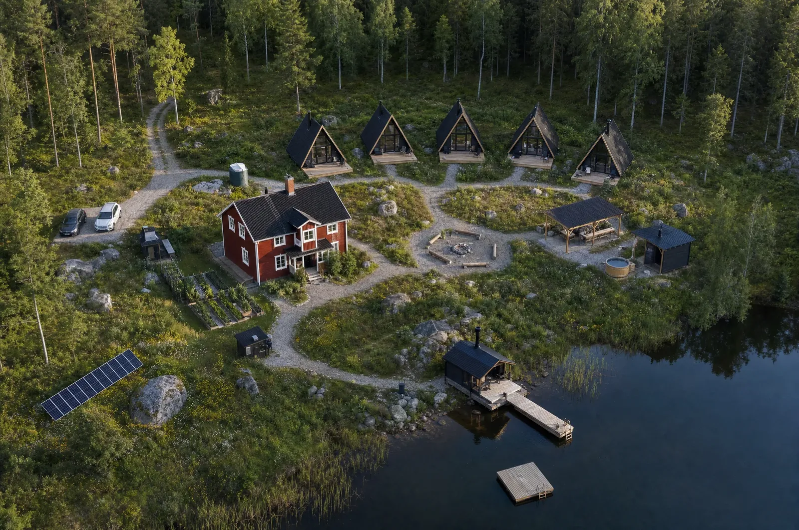 An aerial plan of the land: A-frames round a fire, the main house, a sauna by the lake, paths through the trees