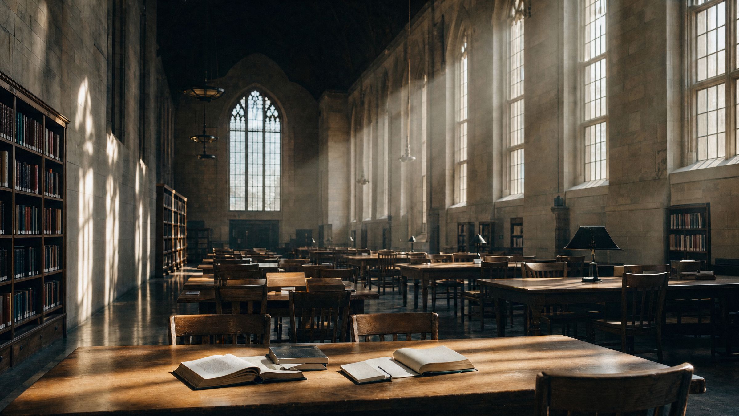 A tall stone library, morning light falling across long tables