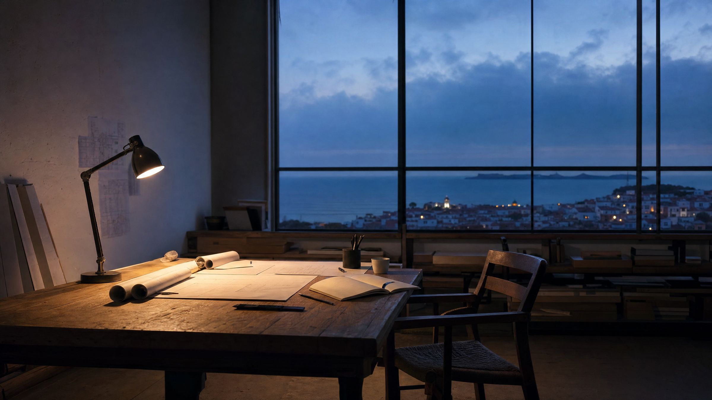 An atelier before dawn: a lamp on over a worktable, the chair pushed back, the town asleep beyond the windows